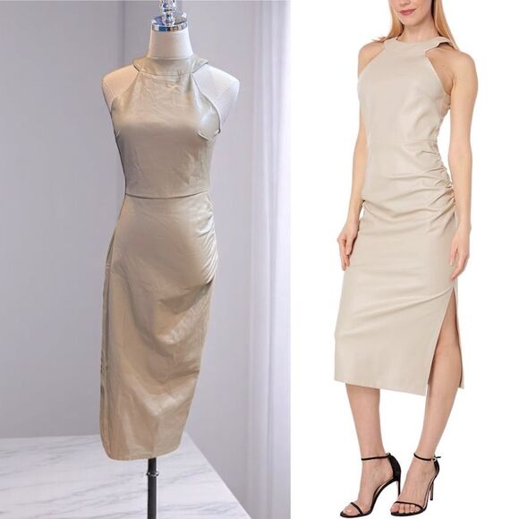 ANTHROPOLOGIE EN SAISON NWT $225 Beige Faux Leather Halter Midi Dress Size M - Picture 1 of 15